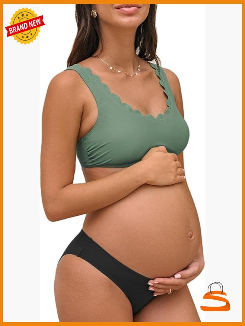 Maternity Bikini Set Low Rise Scalloped Scoop Neck Adjustable Straps Back Hook